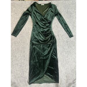 Dirass Ruched Bodycon Midi Dress M Emerald Green Velvet Long Sleeve Wrap V-Neck